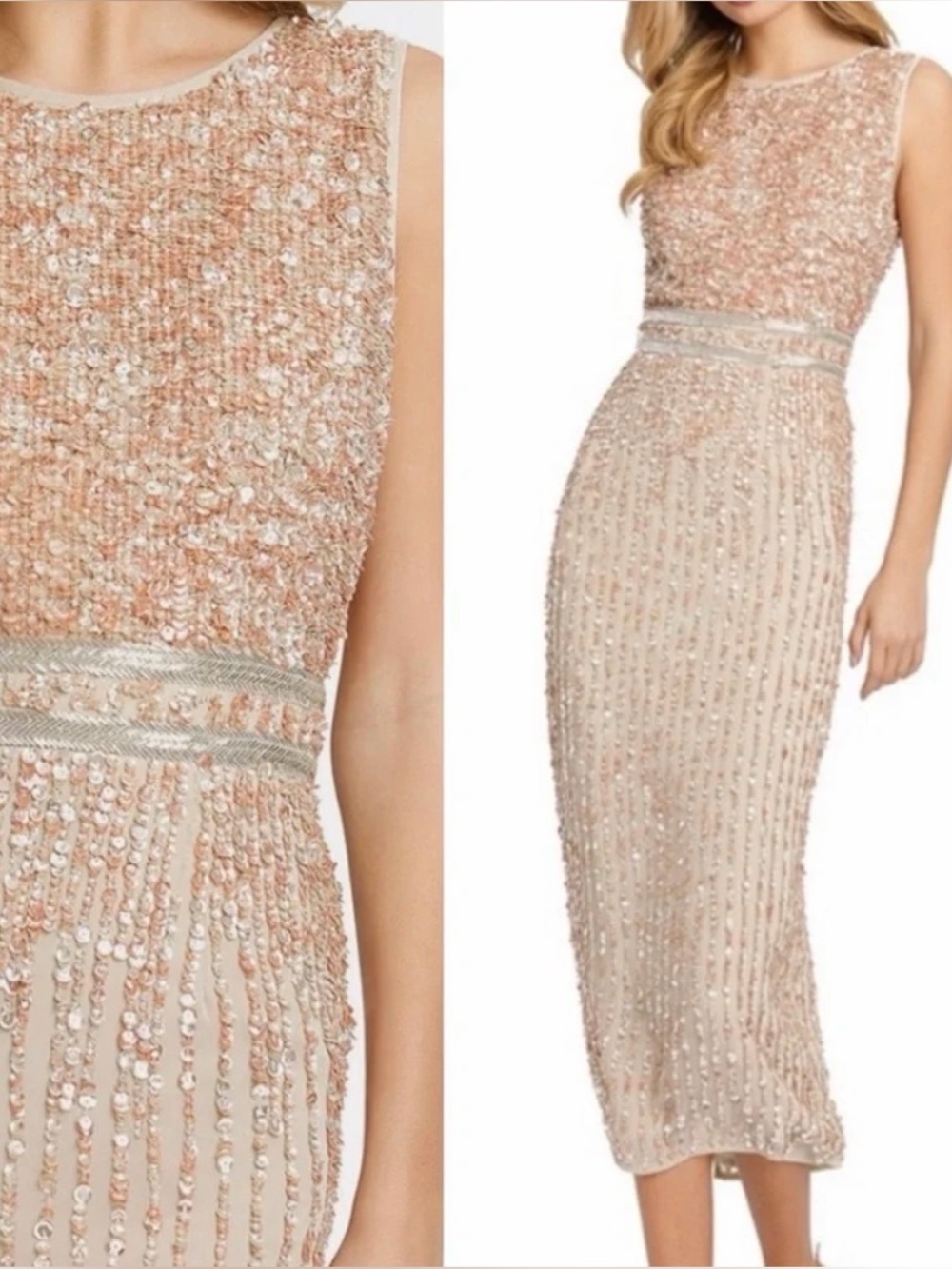 Mac Duggal 12 Sleeveless Beaded Midi Sheath Dress Nude High Neck 10509 NWT $298